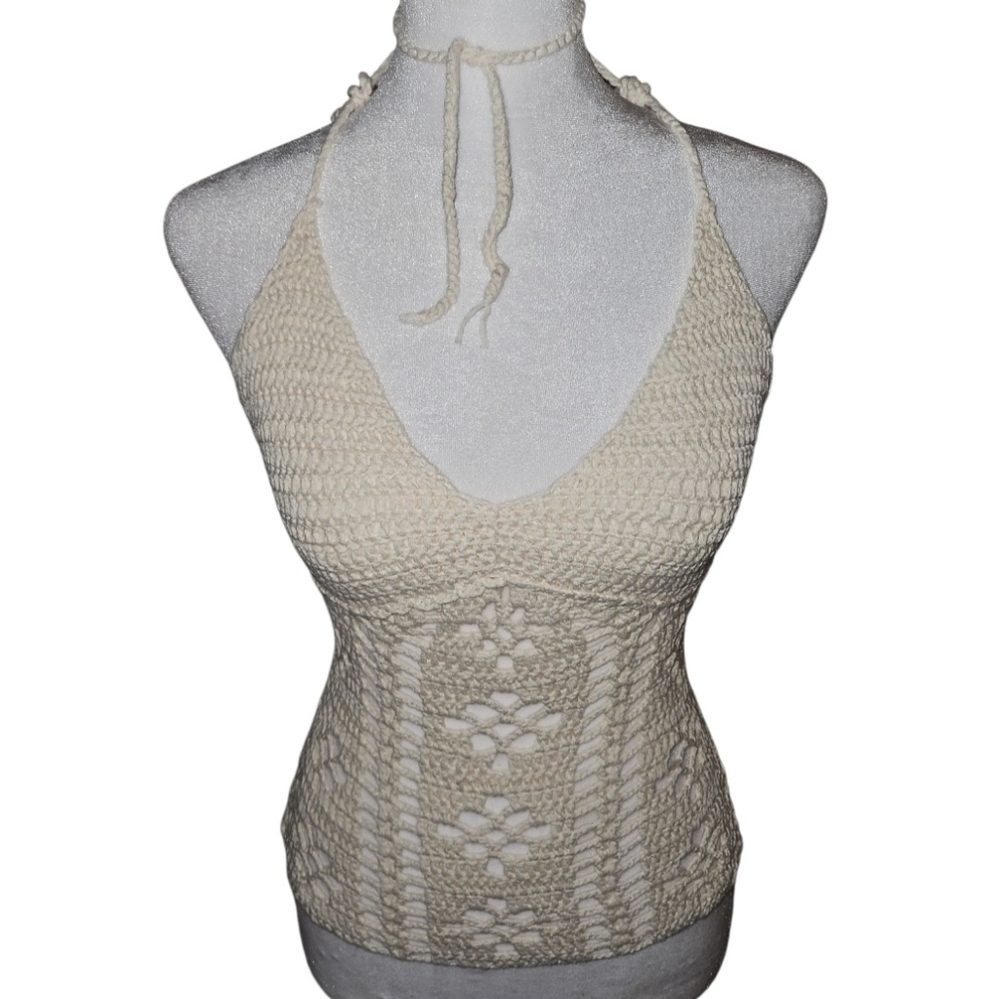 Hand Crafted Crochet Crop-Top Handmade Floral pattern Swim cover-up Cream #752 - Picture 8 of 17